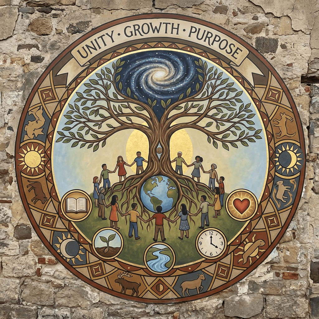 Circular mural with the words UNITY GROWTH PURPOSE above a tree of life and people.