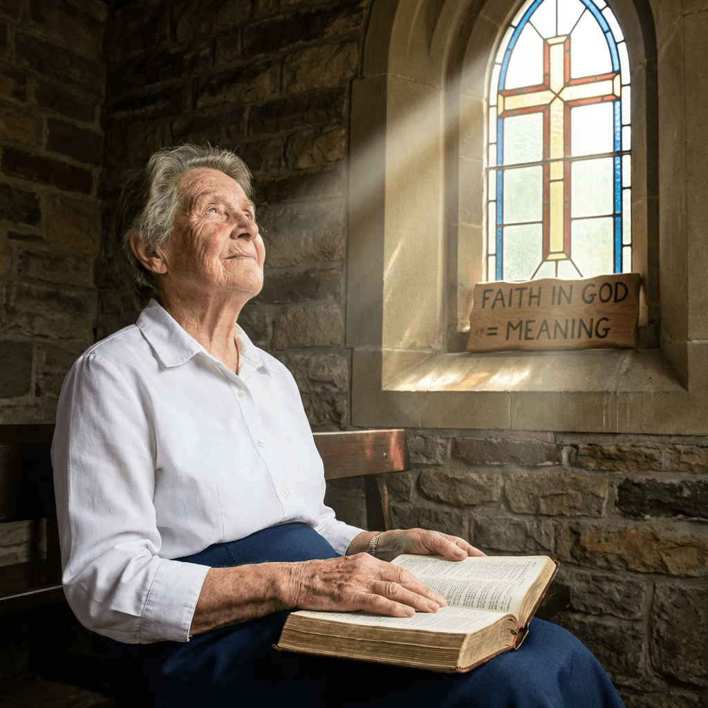 Elderly woman holding a bible looks up at light from a window. FAITH IN GOD = MEANING