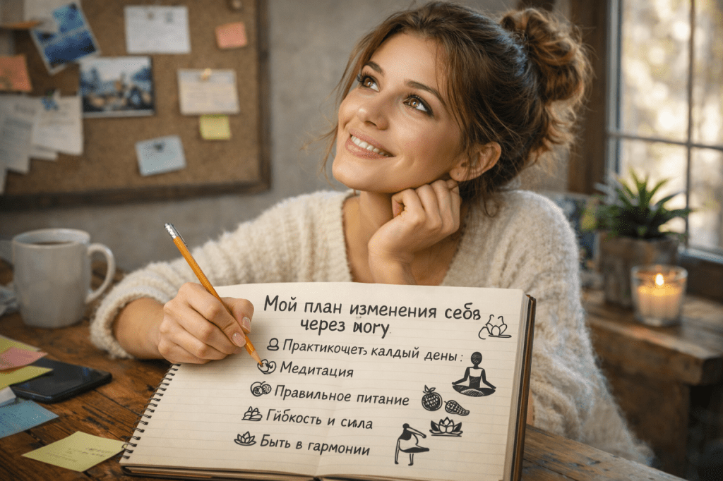 Notebook with life goals written in Russian including career, travel, home, family, and health