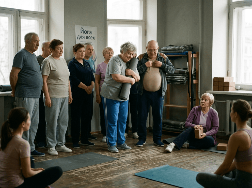 Group of seniors standing and sitting in a yoga studio with mats and props.
