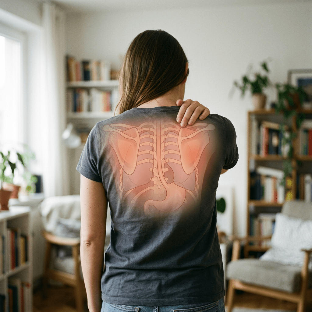 Person holding right shoulder with upper back skeleton and pain areas highlighted