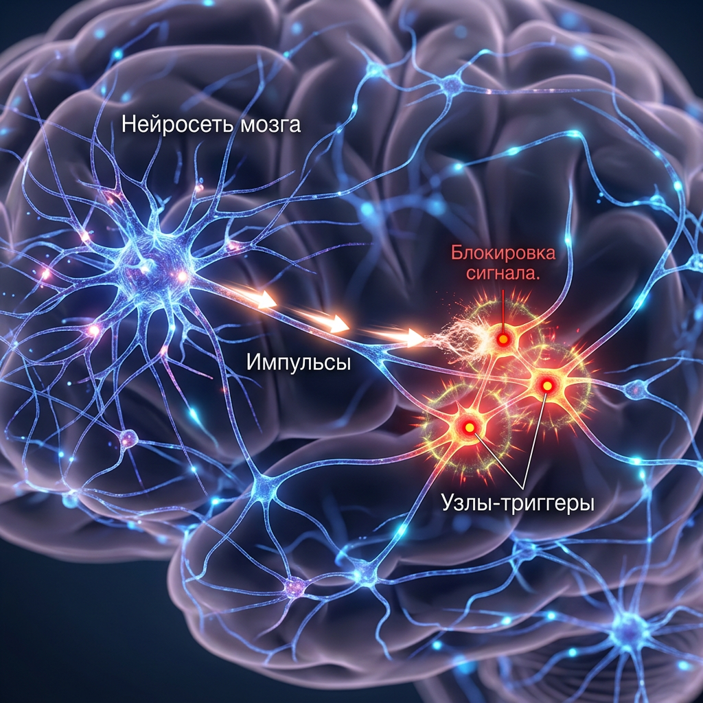 Brain neurons illustration showing impulse transmission and signal blockage at trigger nodes